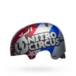 Bell Local BMX/Skate Helmet - Nitro Circus Gloss Silver/Blue/Red -Ride Shield Shop bell local bmx skate helmet nitro circus gloss silver blue red left 3